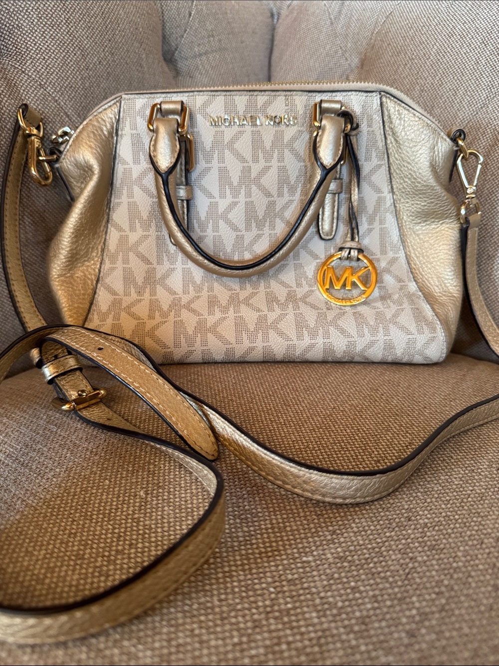 Michael Kors Metallic Gold Logo Satchel with Crossbody Strap